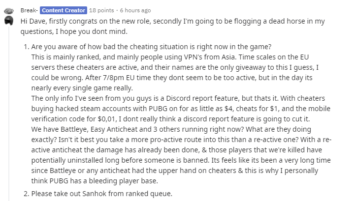 [AMA汇总] PUBG新任创意总监Dave：明年工作重点将是大地图