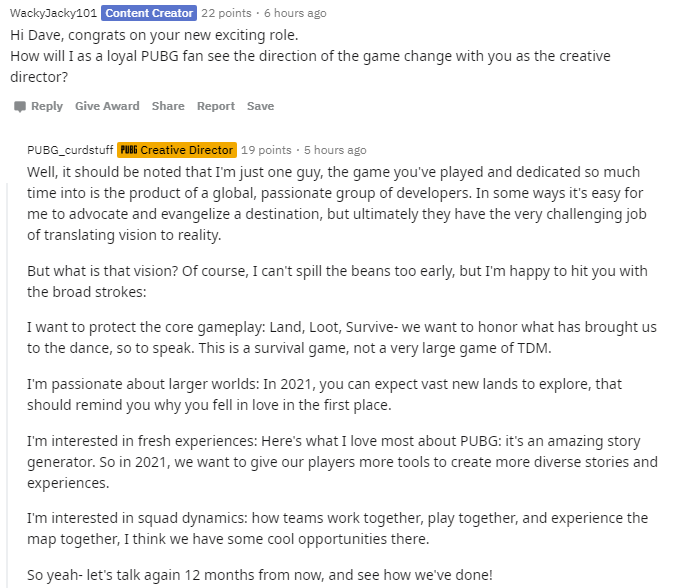 [AMA汇总] PUBG新任创意总监Dave：明年工作重点将是大地图