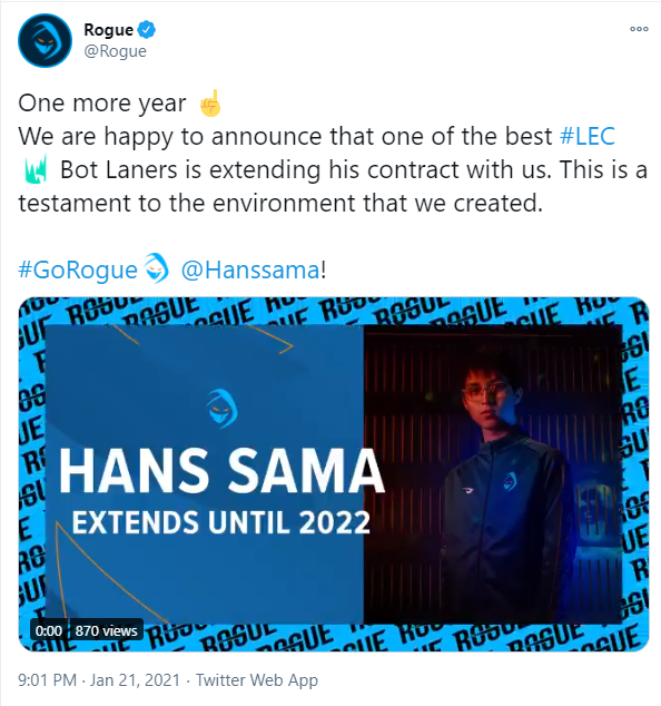 rogue官推:下路選手hans sama續約至2022年