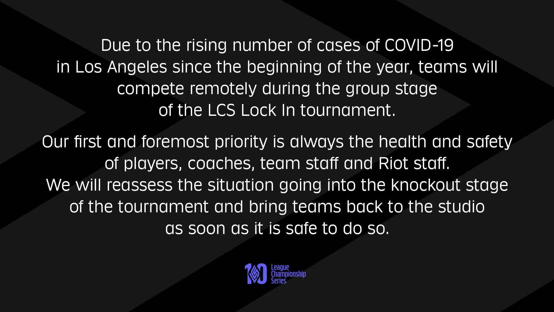 LCS官方公告：开年锦标赛的小组赛阶段将在线上进行