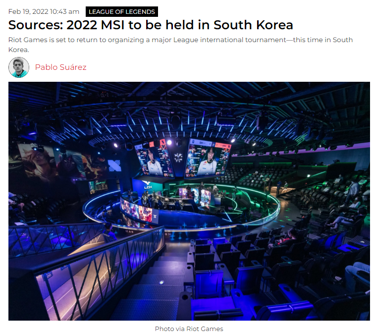 外媒爆料：2022MSI将正在韩国举行