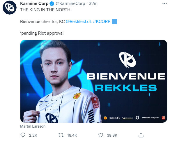 Rekkles加入法国联赛队伍KC