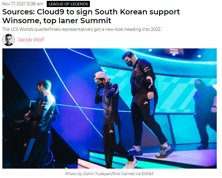 外媒爆料：C9将签下韩国籍辅助Winsome
