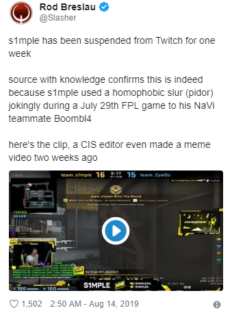 涉嫌诽谤同性恋 S1mple被twitch封禁一周 其他 玩加电竞wanplus 玩加电竞